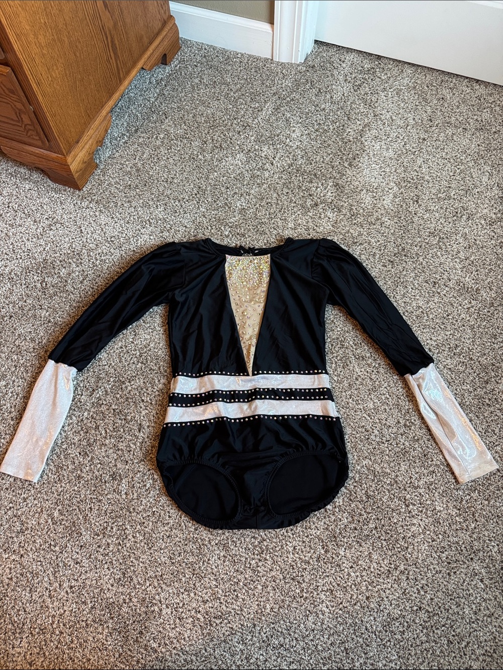Black Long-Sleeve Rhinestone Leotard with silver Accents